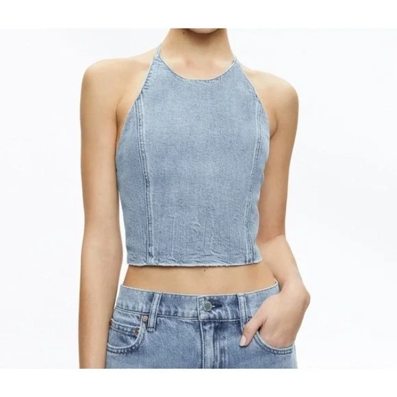Alice + Olivia Jeans Jaymee Tie Neck Cropped Denim Halter Top Women's Sz 6 - Picture 1 of 12